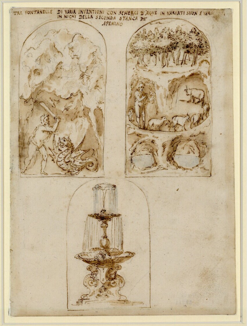 Giovanni Guerra (Modena um 1540/44 - 1618 Rom) | Pratolino, Grotta di Apenino | Displayed motifs: Lamp, Person, Angel, 