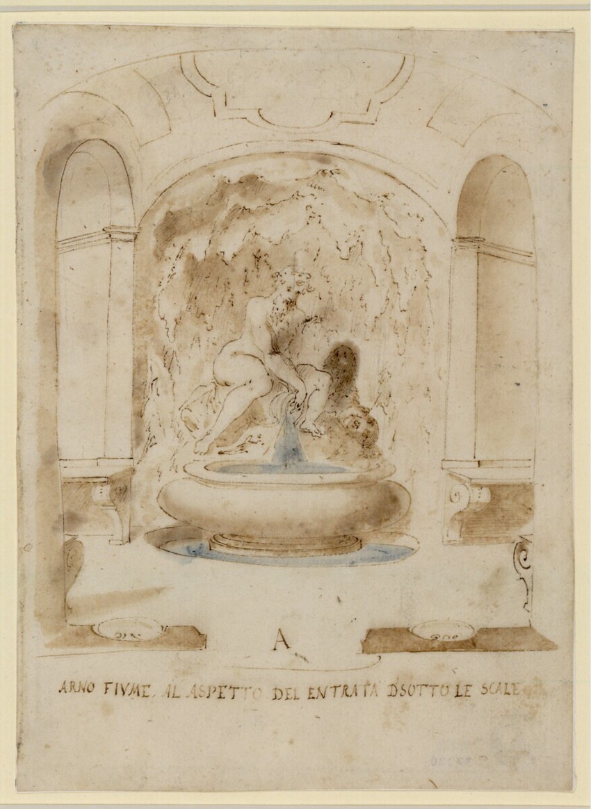 Giovanni Guerra (Modena um 1540/44 - 1618 Rom) | Pratolino, Piano terreno | Displayed motifs: Fountain, Person, Human head, 