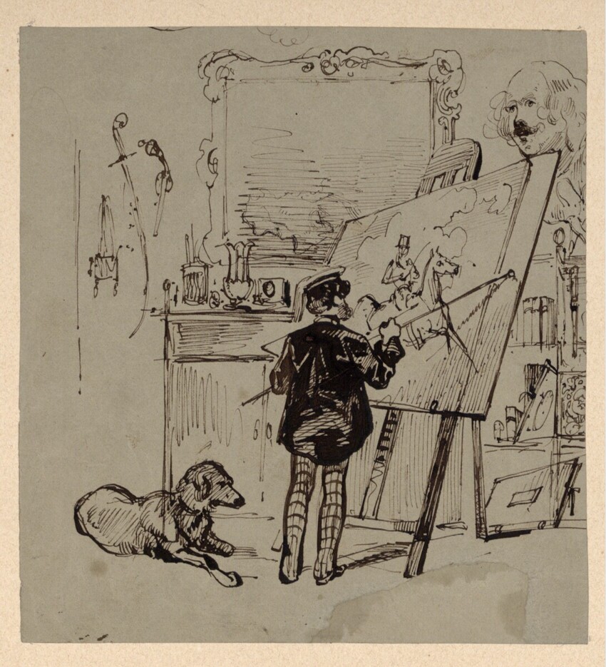 Joseph Heicke (Wien 1811 - 1861 Wien) | Der Maler | Displayed motifs: Dog, Clothing, Human face, Person, Man, Footwear, 