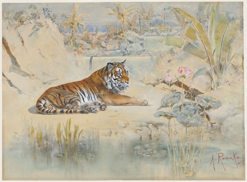 Anton Romako (Atzgersdorf (Wien) 1832 - 1889 Wien) | Tiger | Displayed motifs: Tiger, White dove, Flower, Plant, Angel, 