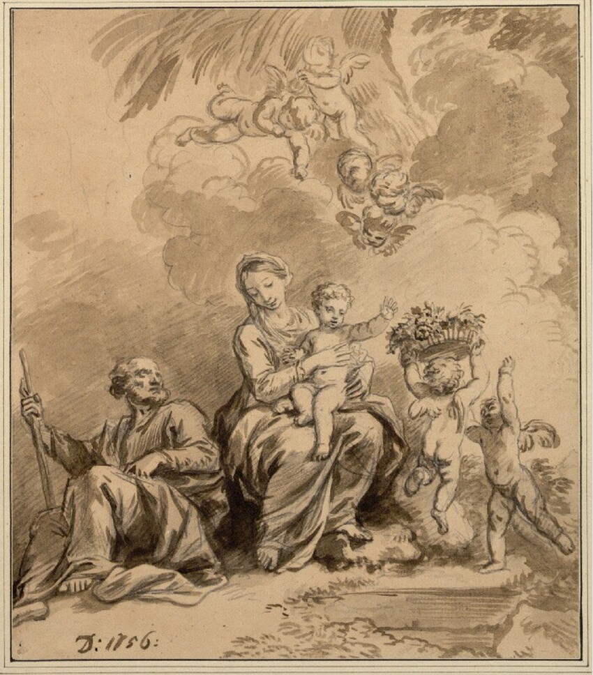 Christian Wilhelm Ernst Dietrich (Weimar 1712 - 1774 Dresden) | Ruhe auf der Flucht | Displayed motifs: Putto, Madonna, Man, Person, Clothing, Human face, Angel, 