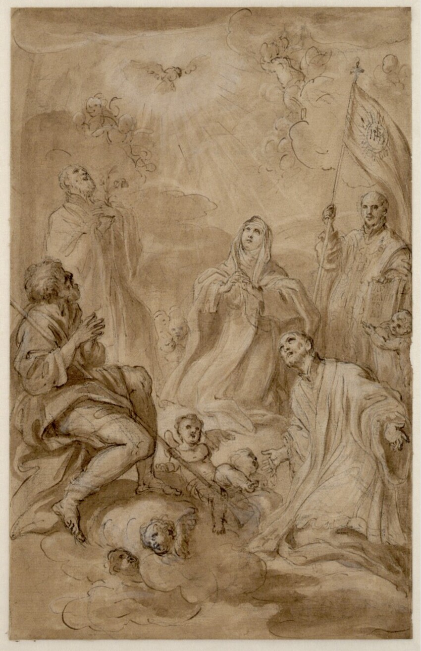 Anonym | Die Heiligen Joseph, Katharina von Siena, Ignatius von Loyola, ein weiterer Kniender und links ein Sitzender mit Stab, alle den Blick nach oben gerichtet | Displayed motifs: Veil, White dove, Putto, Person, Human face, Halo, Clothing, 