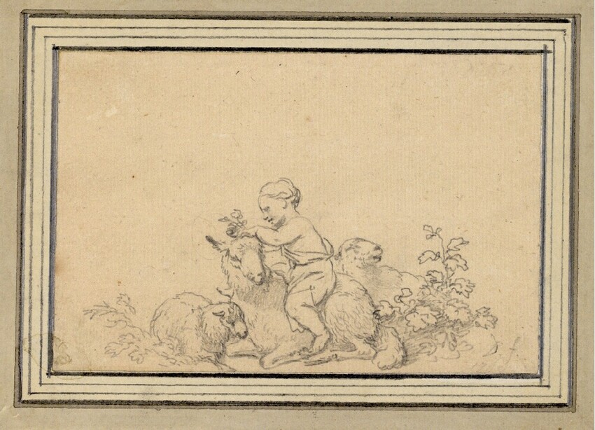 Christian Wilhelm Ernst Dietrich (Weimar 1712 - 1774 Dresden) | Kind mit Schafen | Displayed motifs: Sheep, Plant, Person, Human face, Putto, Man, 