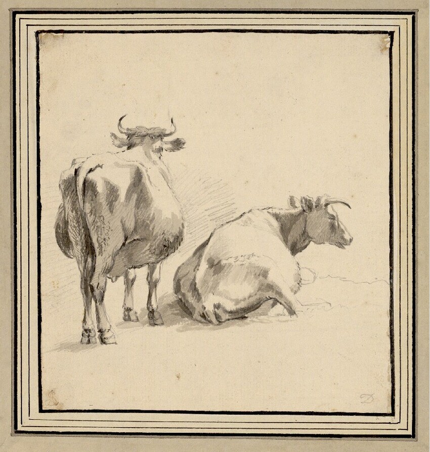 Christian Wilhelm Ernst Dietrich (Weimar 1712 - 1774 Dresden) | Liegendes und stehendes Rind (von rückwärts) | Displayed motifs: Cattle, Dog, Animal, Bull, 