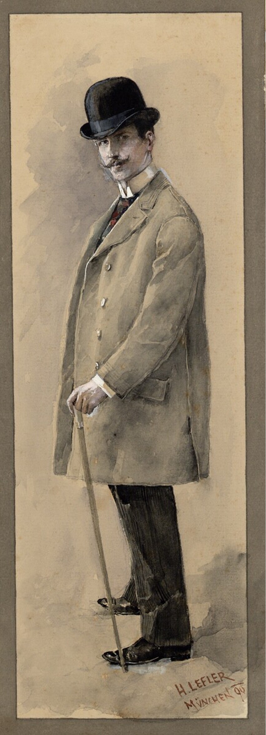 Heinrich Lefler (Wien 1863 - 1919 Wien) | Herr im Gehrock | Displayed motifs: Coat, Footwear, Man, Hat, Human face, Latin cross, 