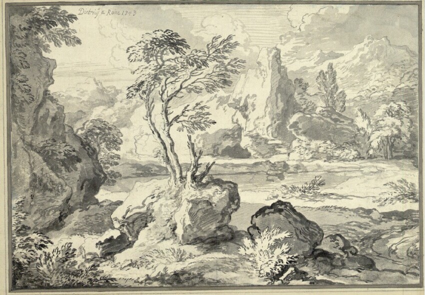 Christian Wilhelm Ernst Dietrich (Weimar 1712 - 1774 Dresden) | Italienische Fluss- und Gebirgslandschaft | Displayed motifs: Tree, 