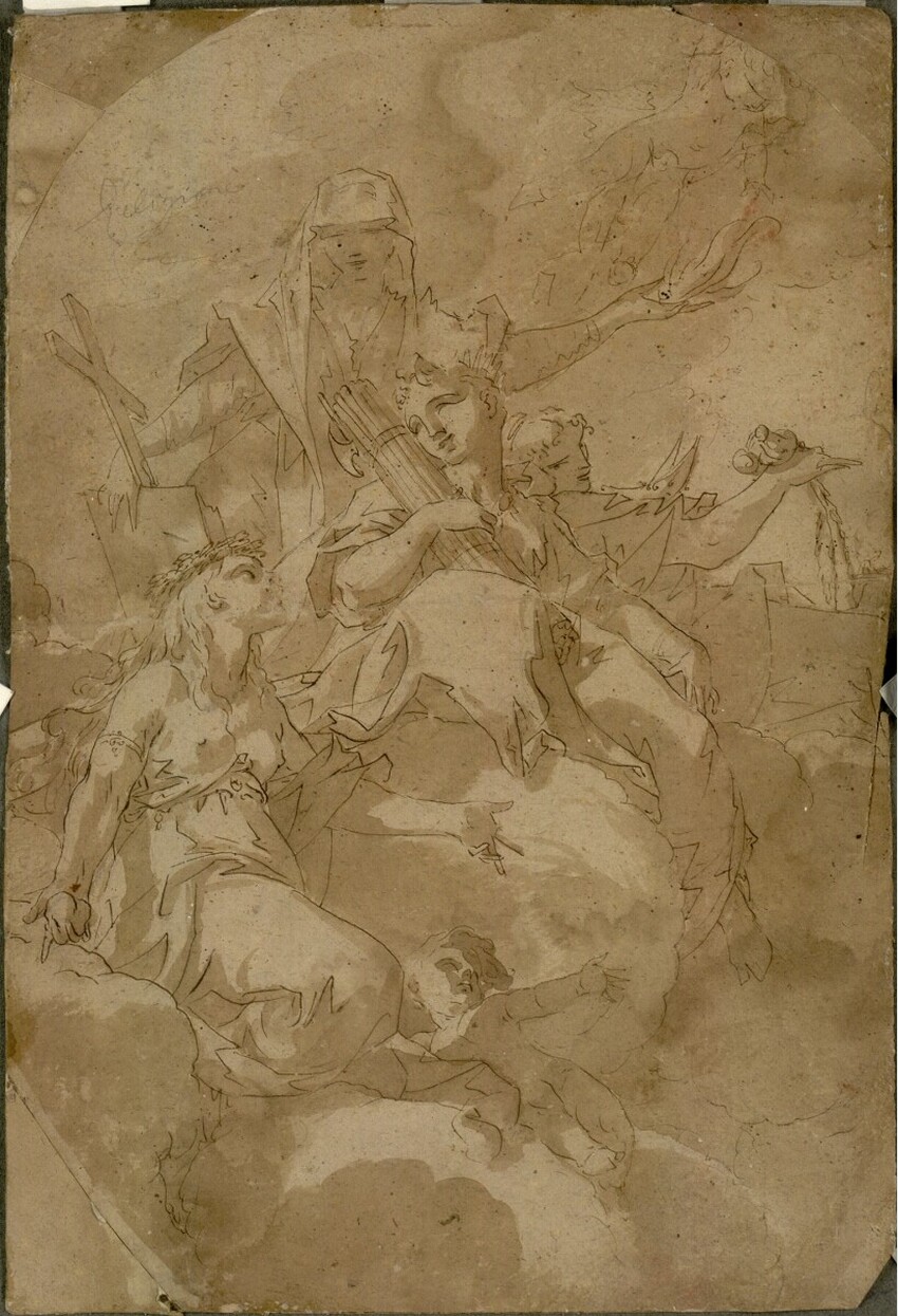 Sebastiano Galeotti (Florenz um 1676 - 1746 Vico) | Allegorie mit Justitia, Amicitia, Orazione und Religione | Displayed motifs: Veil, Putto, Human face, Angel, Latin cross, Woman, Person, 