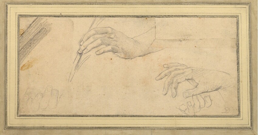 Christian Wilhelm Ernst Dietrich (Weimar 1712 - 1774 Dresden) | Weibliche Hände, eine mit Palmzweig | Displayed motifs: Human hand, Person, 