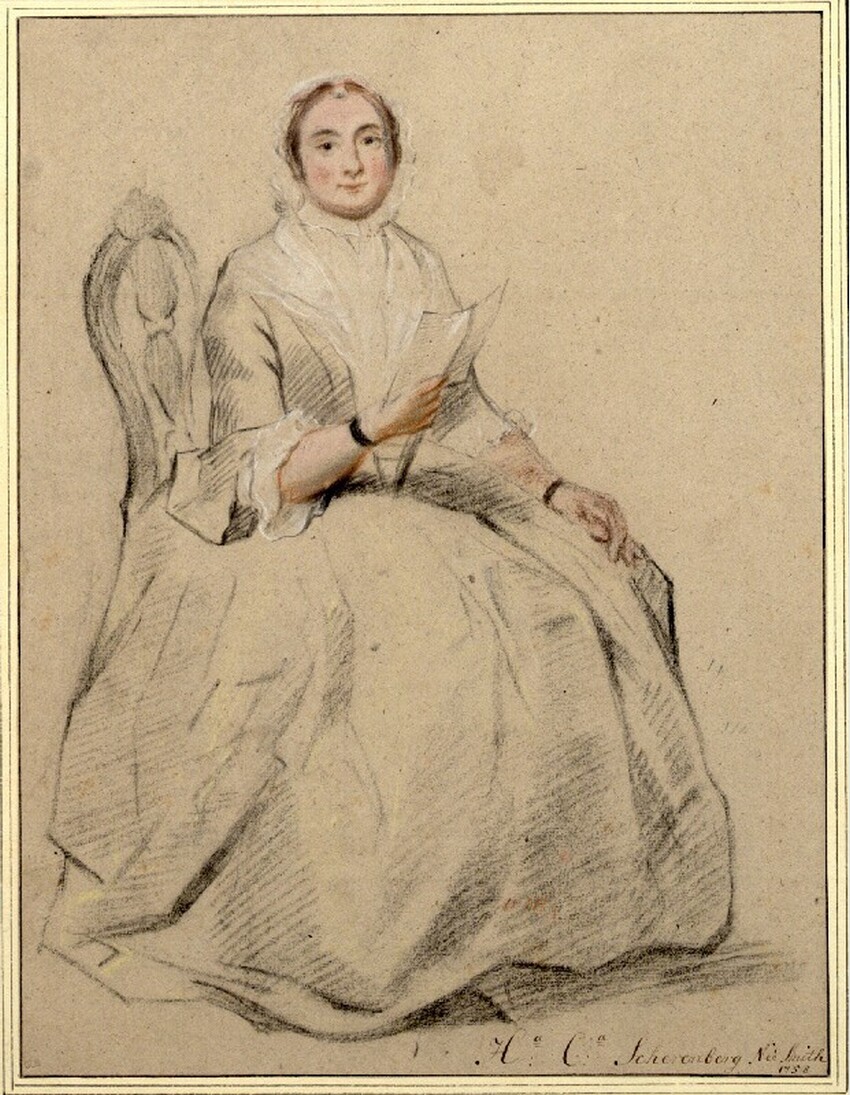 Georg Friedrich Schmidt (Schönerlinde bei Berlin 1712 - 1775 Berlin) | H.C. Scherenberg geborene Smith, in Stuhl sitzend, mit Brief in der Hand | Displayed motifs: Human face, Woman, Dress, Clothing, 