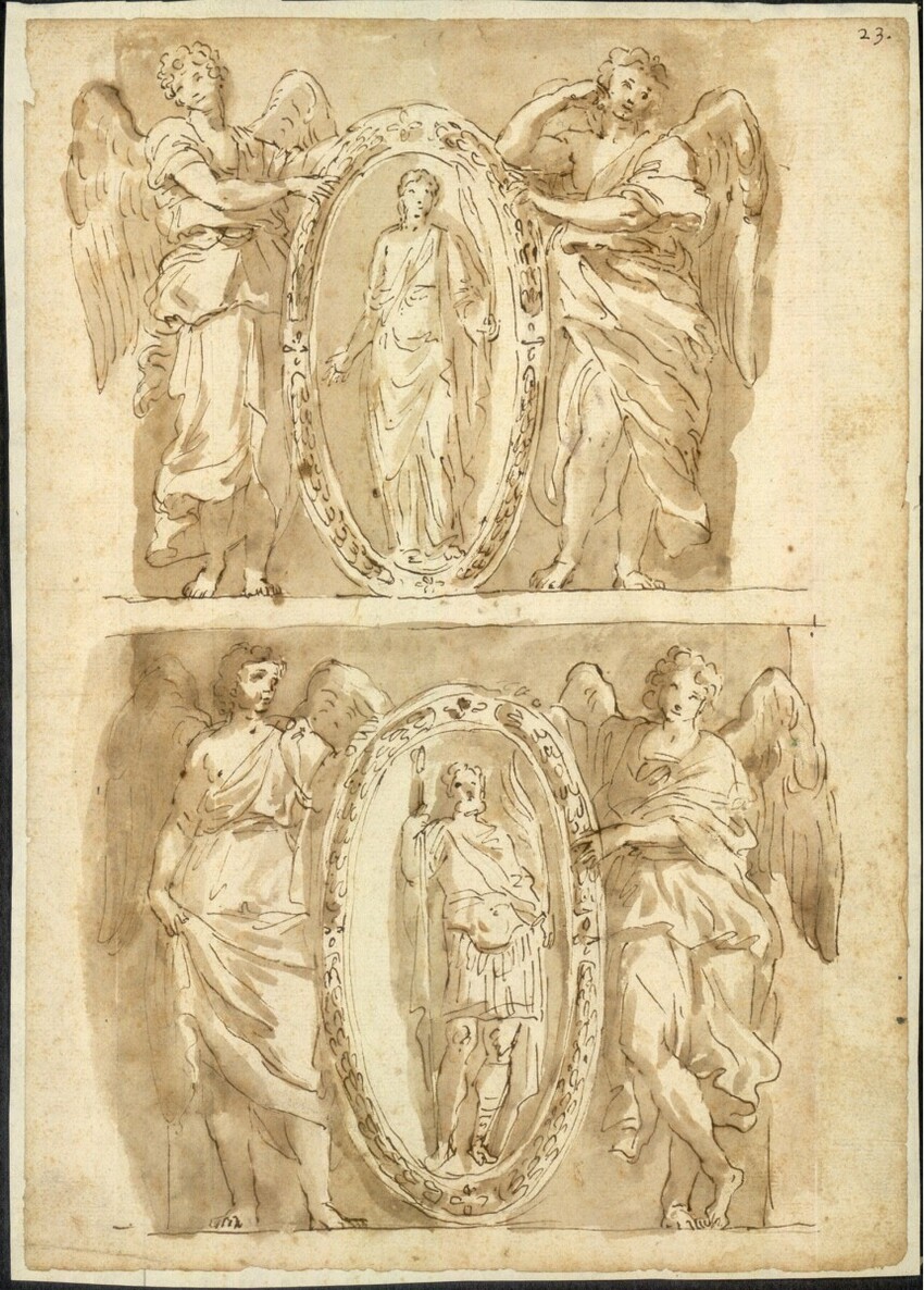 After Domenico Zampieri gen. Domenichino (Bologna 1581 - 1641 Neapel) | Die beiden Engel mit den Schildern. Supraporte | Displayed motifs: Angel, Clothing, Coat of arms, Person, Human face, 