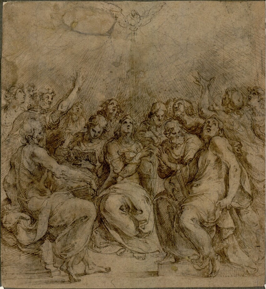Valerio Castello (Italien, 1624 - 1659) | Pfingstwunder: Herabsteigen des Heiligen Geistes | Displayed motifs: White dove, Person, Human face, Angel, 
