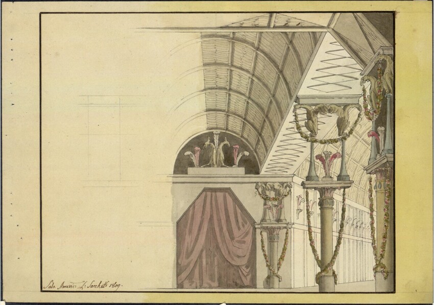 Lorenzo Sacchetti (Padua 1759 - 1836 Wien) | Entwurf für eine Theaterdekoration: Sala America | Displayed motifs: Building, Curtain, 