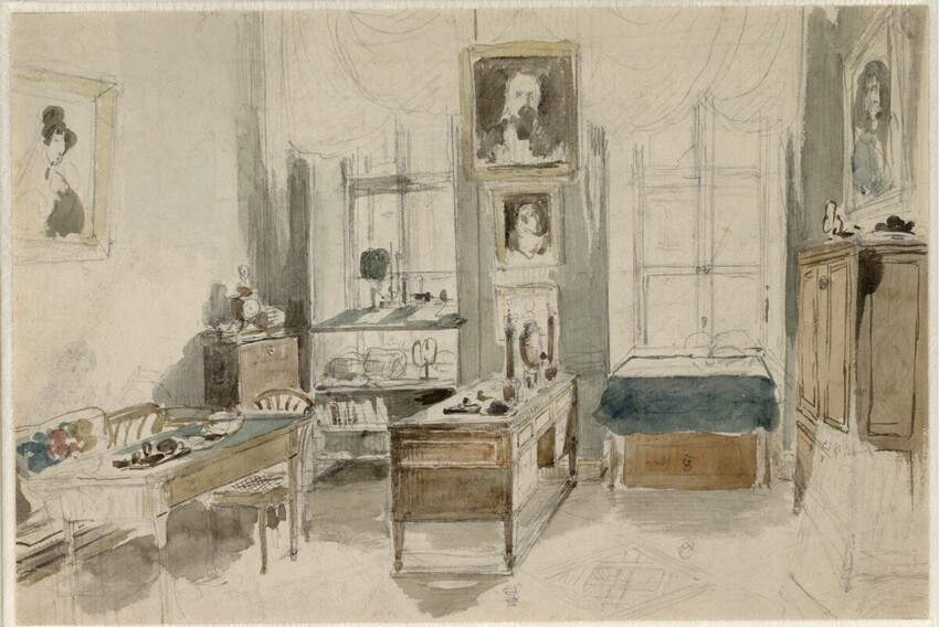 Peter Fendi (Wien 1796 - 1842 Wien) | Interieur der Wohnung Alserstrasse 19 | Displayed motifs: House, Building, Furniture, Table, Putto, Clothing, 