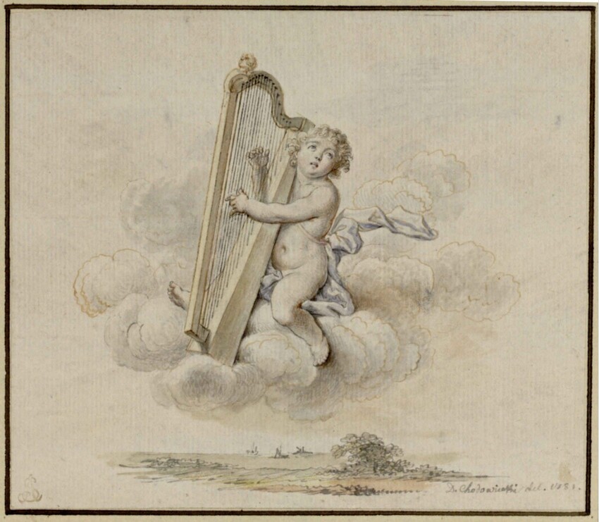 Daniel Nikolaus Chodowiecki (Danzig 1726 - 1801 Berlin) | Harfenspielender Putto über Landschaft | Displayed motifs: Person, Harp, Putto, Human face, Tree, 