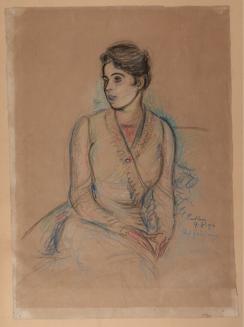 Anton Faistauer (St. Martin bei Lofer 1887 - 1930 Wien) | Marie de Arnoldi auf einem Sofa sitzend | Displayed motifs: Human face, Woman, Madonna, Clothing, 