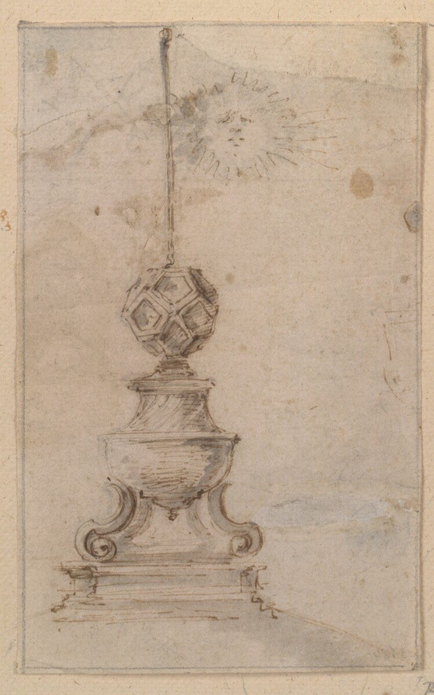 Stefano della Bella (Florenz 1610 - 1664 Florenz) | Dekorativer Sockel mit aufgesetztem Polyeder, darüber ein Sonnensymbol | Displayed motifs: Coat of arms, Lamp, 