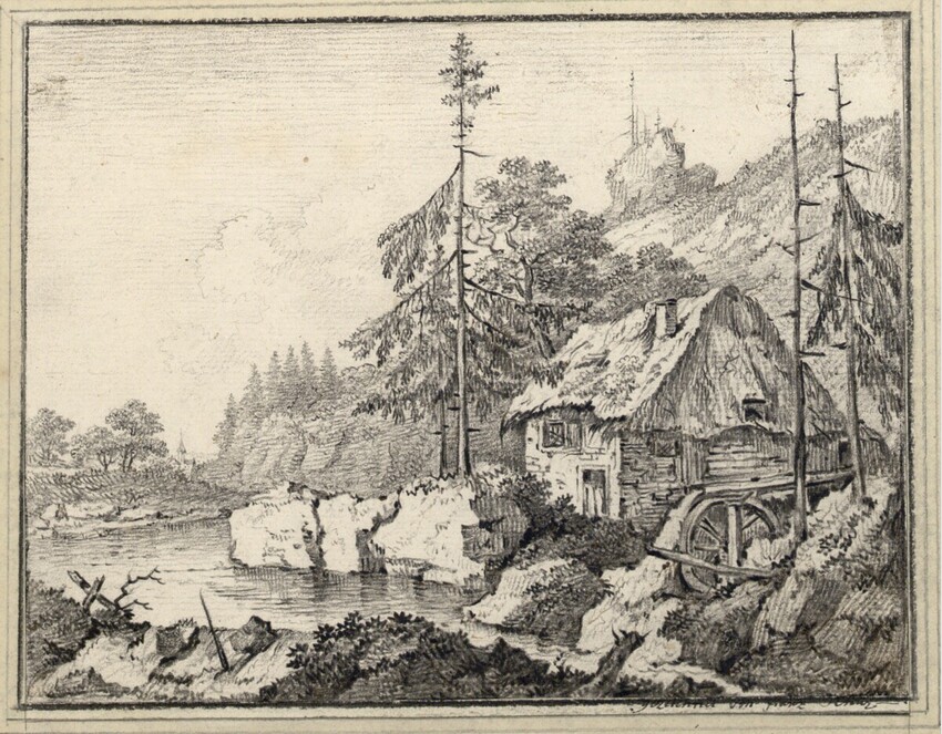 Franz Schütz (Frankfurt am Main 1751 - 1781 Genf) | Wassermühle zwischen Wetterfichten an einem felsigen Ufer an einem felsigen Ufer | Displayed motifs: Tree, Wheel, House, 