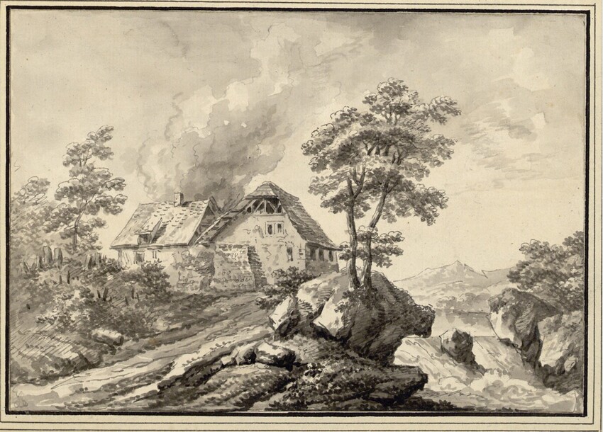 Franz Schütz (Frankfurt am Main 1751 - 1781 Genf) | Landschaft mit Gehöft bei einem Wasserfall | Displayed motifs: Tree, House, Latin cross, 