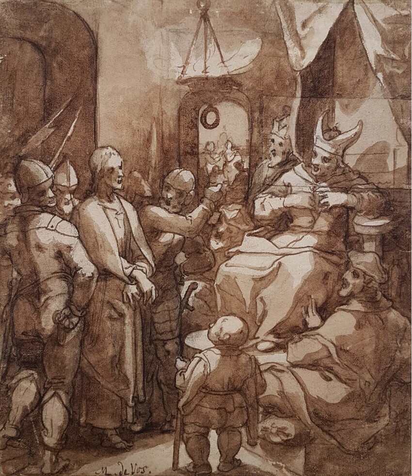 Marten de Vos (Antwerpen um 1531 - 1603 Antwerpen) | Christus vor Kaiphas | Displayed motifs: Miter, Clothing, Man, Person, 