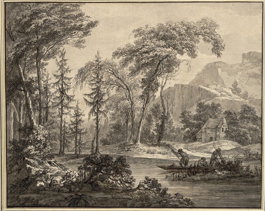 Johann Friedrich Ludwig Oeser (Dresden 1751 - 1792 Leipzig) | Gebirgige Flußlandschaft mit einem Haus am Ufer und drei Männern in einem Kahn | Displayed motifs: Tree, Angel, Mammal, Person, House, Crucifixion, 