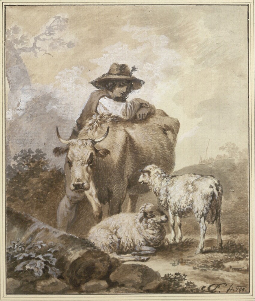 Carl Philipp Schallhas (Pressburg 1767 - 1797 Wien) | Un Villageois Tirolien près de son troupeau | Displayed motifs: Sheep, Bull, Animal, Cattle, Human face, Person, 