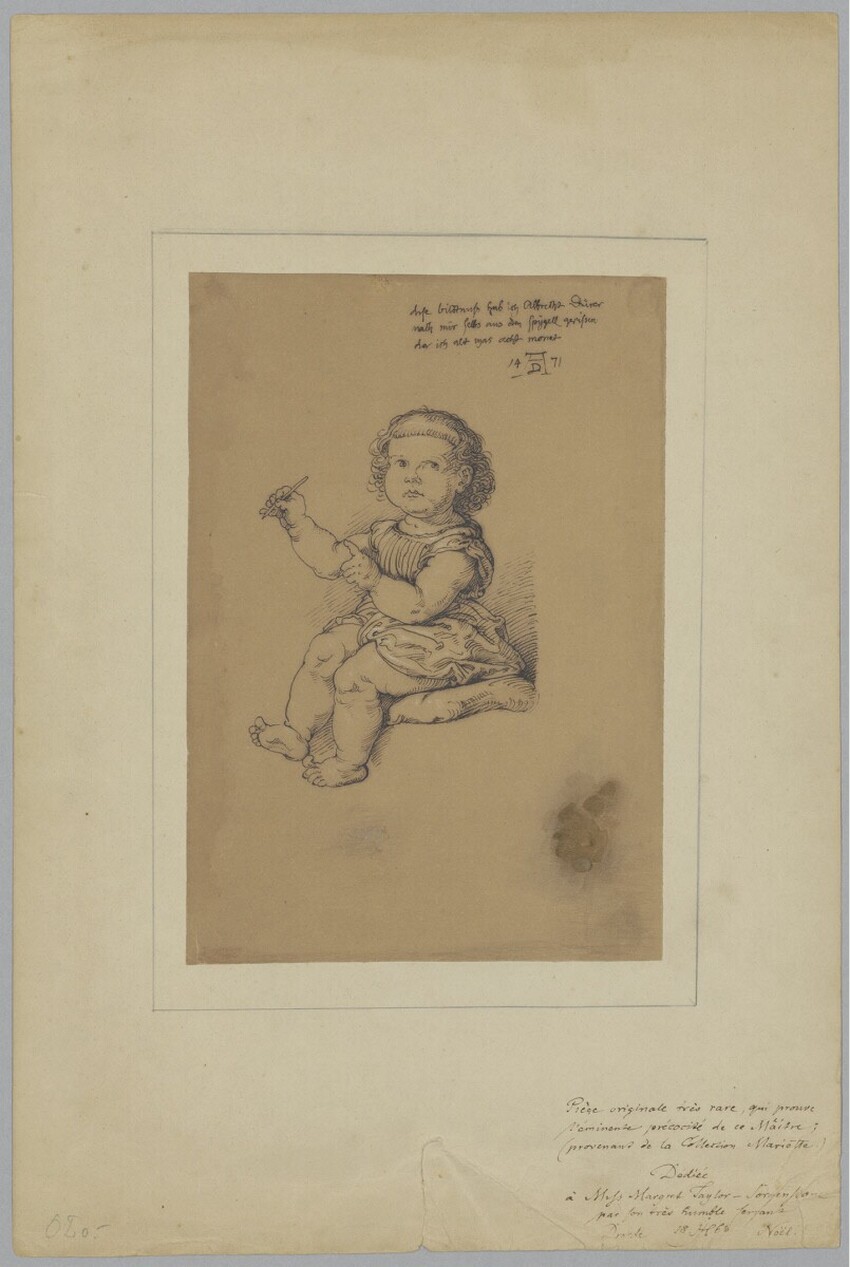 Julius Hübner (Öls 1806 - 1882 Dresden-Loschwitz) | „Selbstbildnis“ Albrecht Dürers im Alter von acht Monaten | Displayed motifs: Putto, Person, Human face, Clothing, 