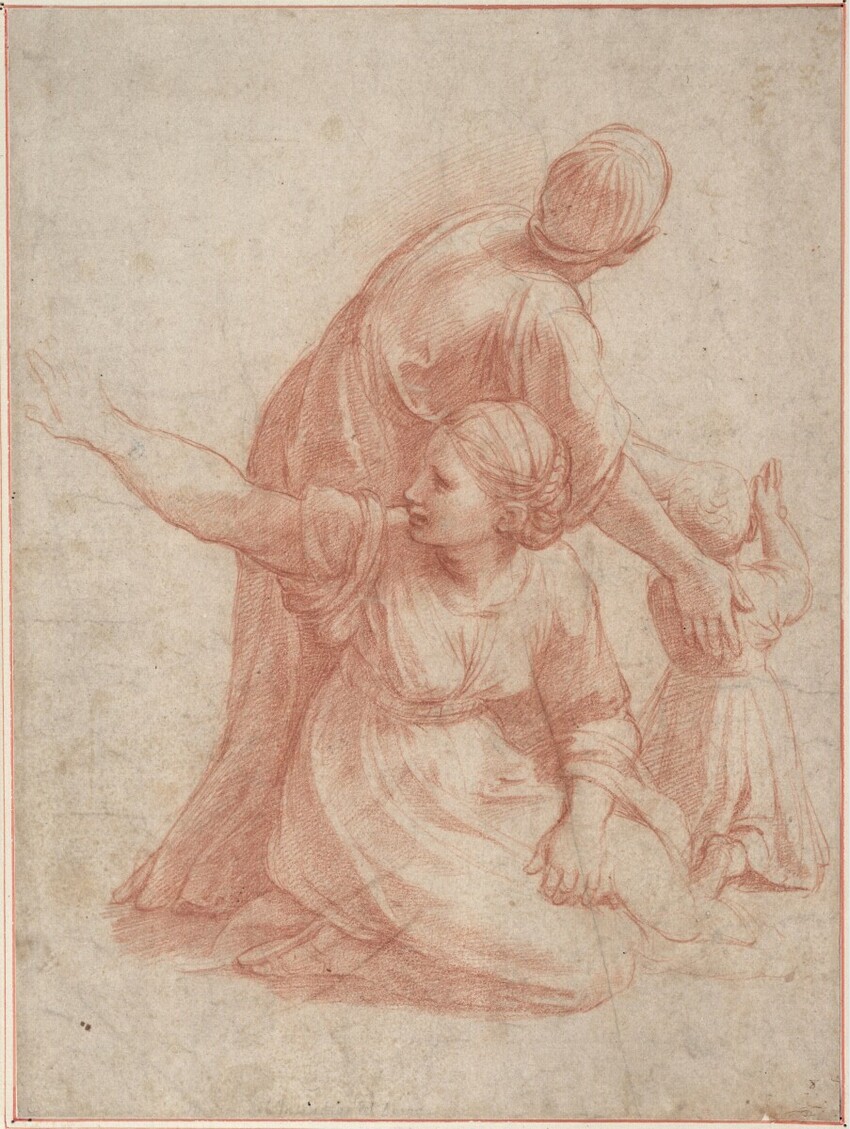 Raffaello Santi (Urbino 1483 - 1520 Rom) | Zwei Frauen mit einem Kind (Studie für den "Borgobrand", Stanza dell' Incendio, Vatikan) | Displayed motifs: Human face, Angel, Person, Human head, Clothing, Woman, Putto, 