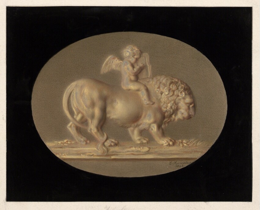 Karl Agricola (Säckingen 1779 - 1852 Wien) | Amor und Löwe | Displayed motifs: Putto, Person, Human face, Lion, Human head, 