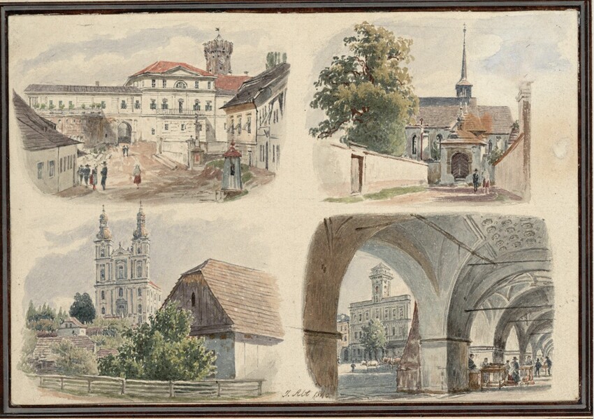 Jakob Alt (Frankfurt am Main 1789 - 1872 Wien) | Schloss Teschen, Marienkirche in Friedek, Dreifaltigkeitskirche in Friedek, Rathaus in Teschen (v.l.n.r.) | Displayed motifs: Tree, Building, House, Tower, Castle, 