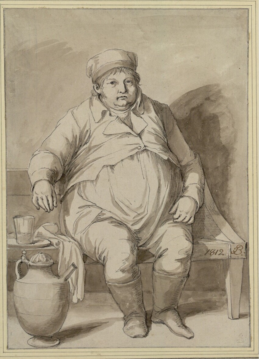 Joseph Bergler der Jüngere (Salzburg 1753 - 1829 Prag) | Porträt von Martin Wessely - Gastwirt in Josefstadt in Böhmen | Displayed motifs: Human face, Man, Coat of arms, Jug, Footwear, Kettle, Vase, 