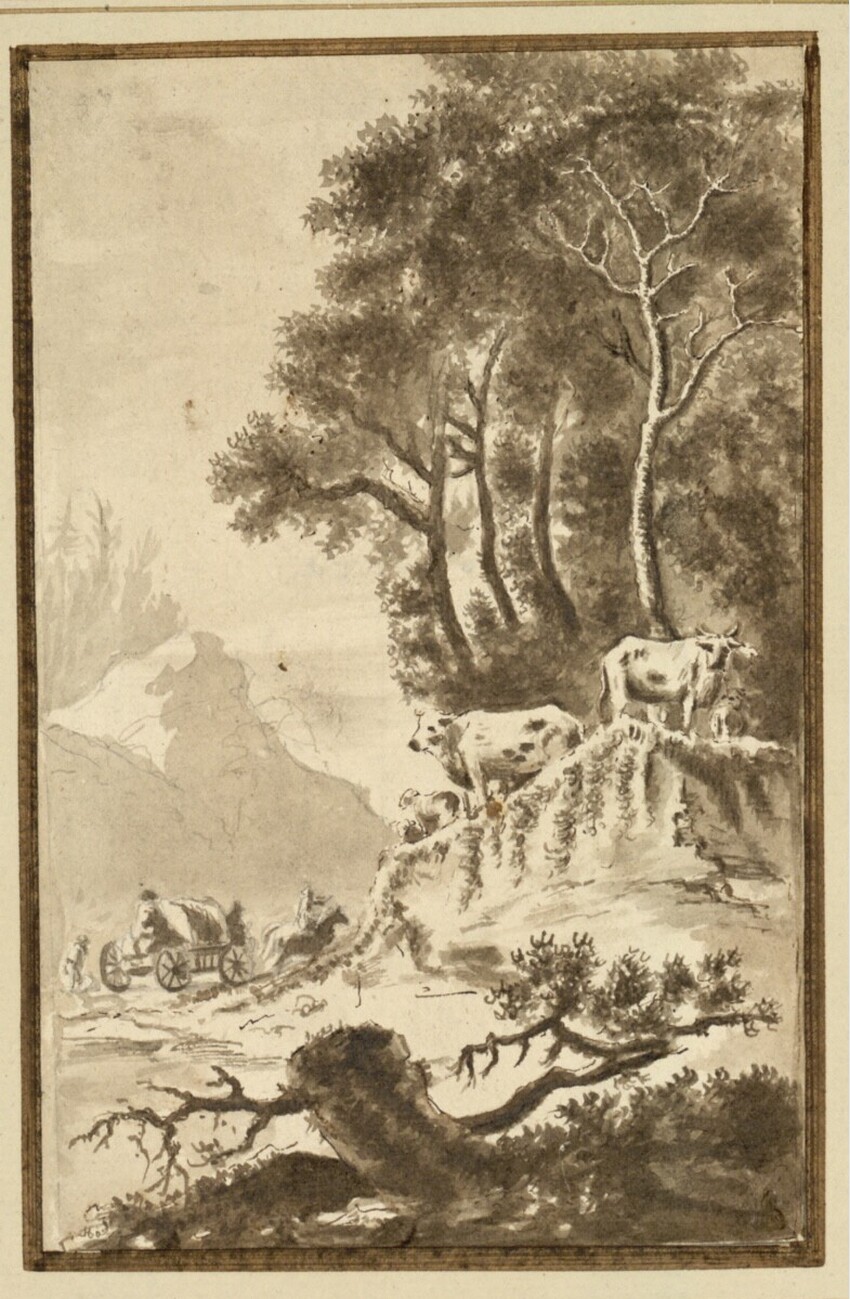 Louis Adolf Christoph von Bose (Unbekannten Orts 1755 - 1820 Dessau) | Kopie nach Jean Baptiste Le Prince: Waldrand mit Kühen am Wasser und einem Fuhrwerk in einem Hohlweg | Displayed motifs: Tree, Animal, Cart, Wheel, 