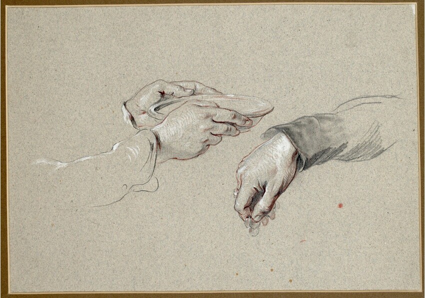 Josef Danhauser (Wien 1805 - 1845 Wien) | Hände aus der Bettelsuppe | Displayed motifs: Animal, Putto, Person, Mammal, Angel, Human hand, 