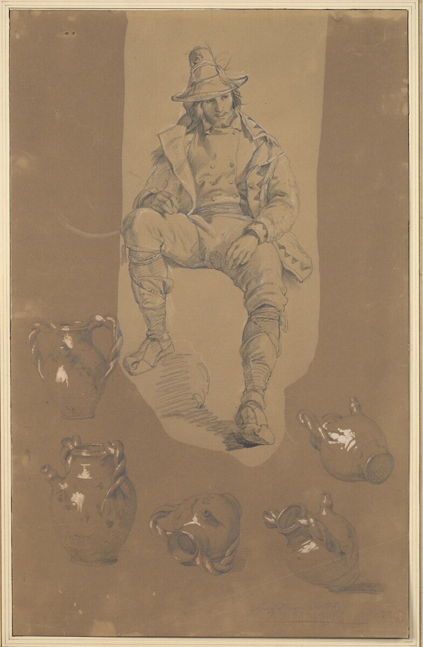Franz Joseph Dobyaschofsky (Wien 1818 - 1867 Wien) | Studienblatt mit einem Italiener und einem Krug in fünf Stellungen | Displayed motifs: Clothing, Jug, Person, Pitcher, Man, Human face, Footwear, 