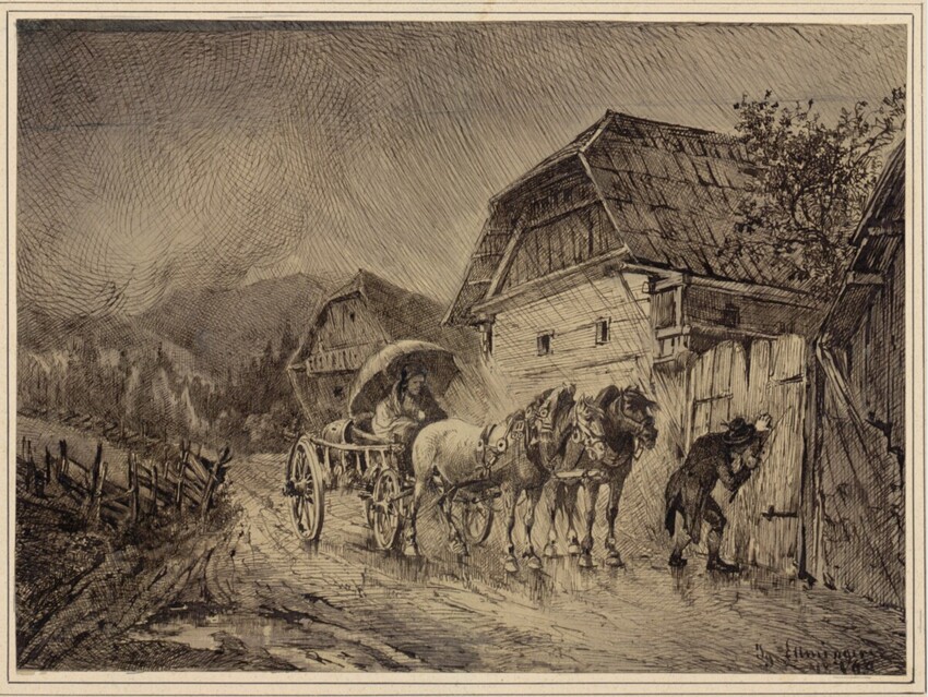 Ignaz Ellminger (Wien 1843 - 1894 Wien) | Armes Paar mit einem Fuhrwerk hält im Regen vor dem Tor eines Bauernhofes | Displayed motifs: Cart, Wheel, Tree, Person, House, 