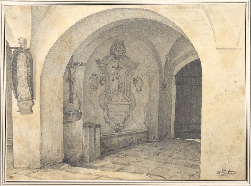 Franz Eybl (Wien 1806 - 1880 Wien) | Kircheneingang in Waidhofen an der Ybbs | Displayed motifs: Building, Door, Human head, Crucifixion, Latin cross, 