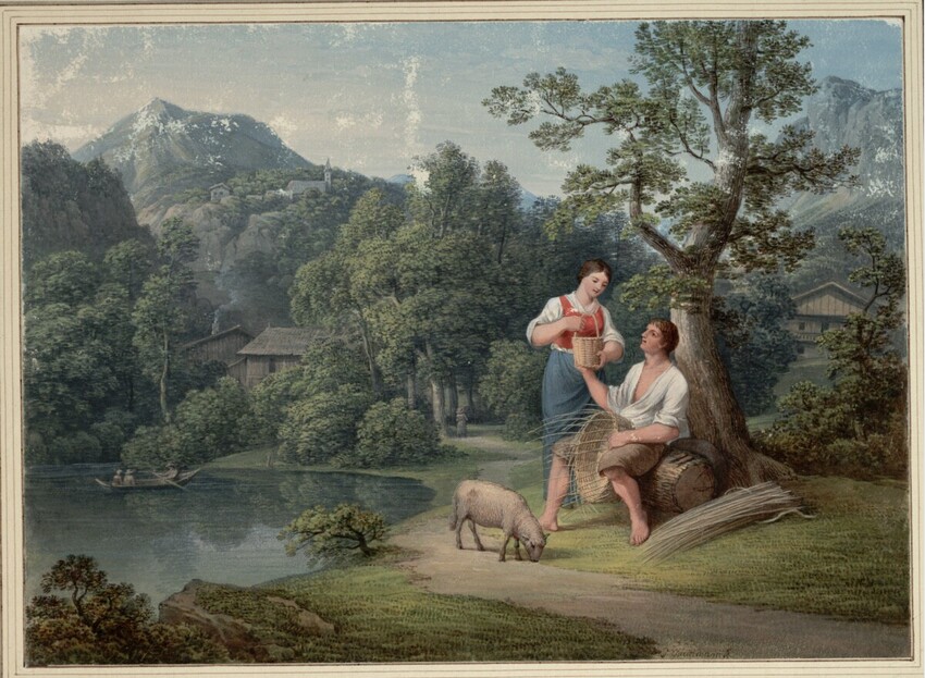 Jakob Gauermann (Oeffingen bei Stuttgart 1773 - 1843 Wien) | Der Korbflechter | Displayed motifs: Sheep, Tree, Man, Woman, Vehicle, Clothing, 