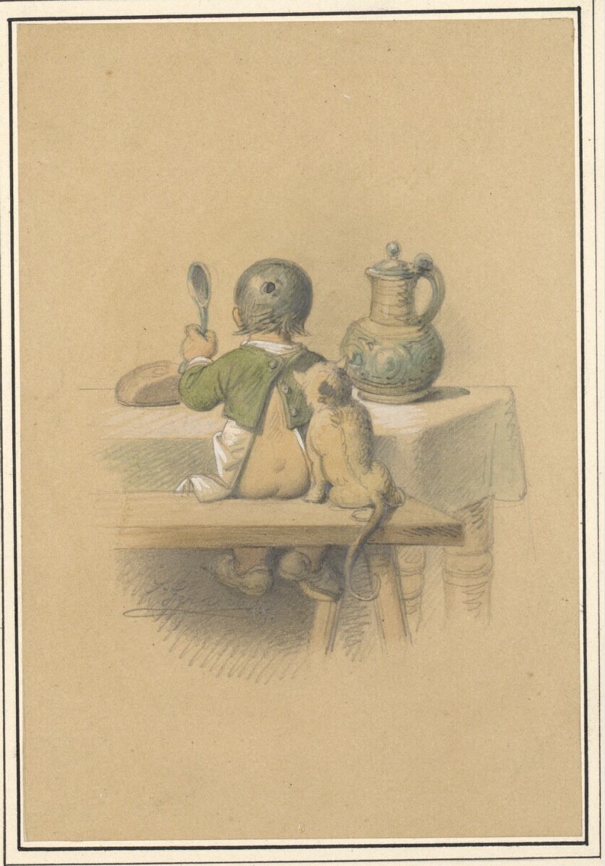 Franz Gerasch (Wien 1826 - 1906 Wien) | Kind und Katze bei Tisch | Displayed motifs: Person, White dove, Jug, 