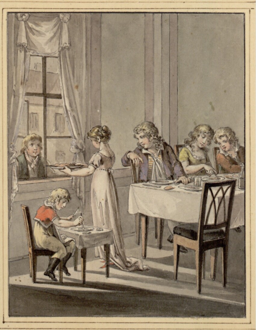 Friedrich August Junge (Leipzig 1781 - 1841 Leipzig) | Illustrationsvorlage: Kinder bei der Mahlzeit; ein Knabe erscheint am Fenster und ein Mädchen reicht ihm einen Teller hinaus | Displayed motifs: Chair, Woman, Human face, Clothing, Table, Person, Man, 