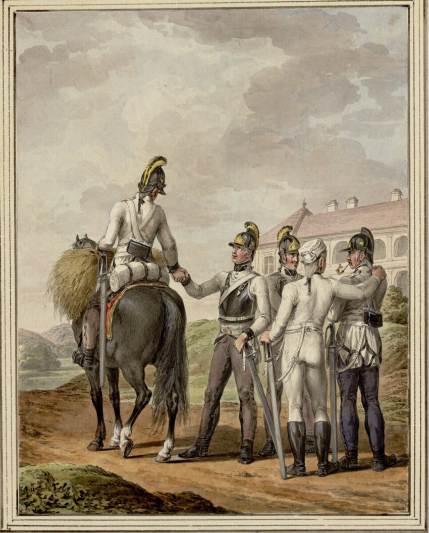 Vincenz Georg Kininger (Regensburg 1767 - 1851 Wien) | Quatre Cuirassiers à pied du Regiment de l'Arch. François (...) | Displayed motifs: Horse, Person, Miter, Clothing, Man, 