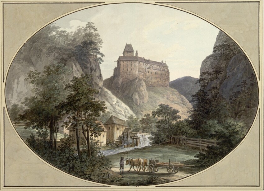 Vincenz Georg Kininger (Regensburg 1767 - 1851 Wien) | Schloss Stixenstein | Displayed motifs: Castle, Tree, Vehicle, House, 