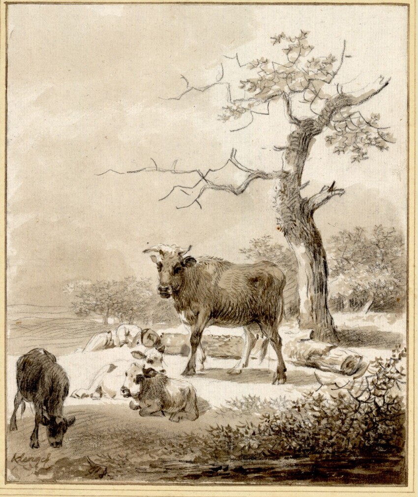 Johann Christian Klengel (Kesselsdorf bei Dresden 1751 - 1824 Dresden) | Kuh mit drei Kälbern und ein schlafender Hirte in der Mittagssonne | Displayed motifs: Goat, Cattle, Tree, Animal, 