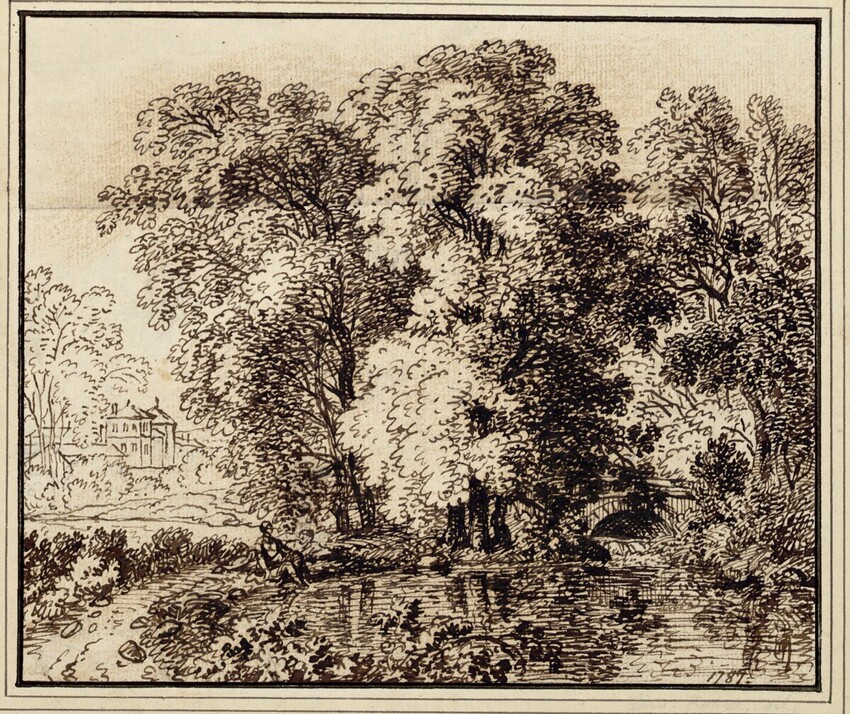 Ferdinand Kobell (Mannheim 1740 - 1799 München) | Parklandschaft mit Brücke über einen Fluss, im Hintergrund eine Schlossanlage | Displayed motifs: Tree, 