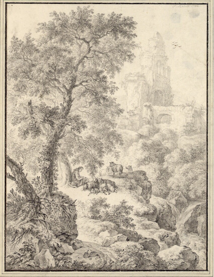 Ferdinand Kobell (Mannheim 1740 - 1799 München) | Felsige, baumbewachsene Landschaft mit Bachlauf und ruhendem Schafhirten, im Hintergrund eine Burgruine | Displayed motifs: Tree, Camel, Angel, Putto, Animal, 