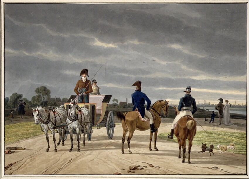 Wilhelm Alexander Wolfgang von Kobell (Mannheim 1766 - 1855 München) | Begegnung zwischen Reitern und einem zweispännigen Kutschierwagen bei München | Displayed motifs: Horse, Person, Man, Clothing, 