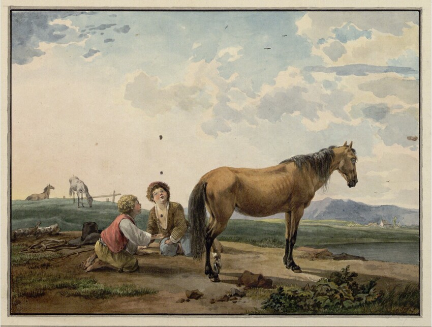 Wilhelm Alexander Wolfgang von Kobell (Mannheim 1766 - 1855 München) | Landschaft mit zwei Hütebuben und Pferden | Displayed motifs: Horse, Clothing, Woman, Animal, Camel, Person, White dove, 