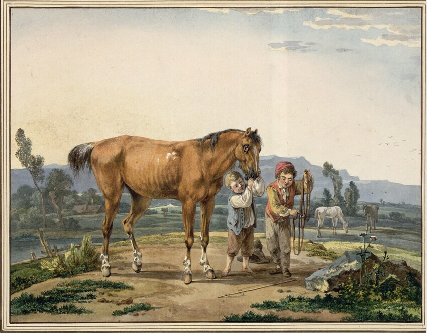 Wilhelm Alexander Wolfgang von Kobell (Mannheim 1766 - 1855 München) | Zwei Hirtenbuben mit einem Pferd | Displayed motifs: Horse, White dove, Person, Tree, Latin cross, Animal, 