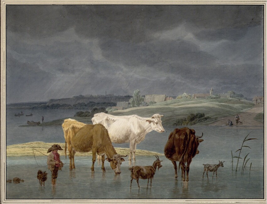 Wilhelm Alexander Wolfgang von Kobell (Mannheim 1766 - 1855 München) | Viehherde im seichten Wasser der Isar bei Bogenhausen | Displayed motifs: Cattle, Deer, Goat, 