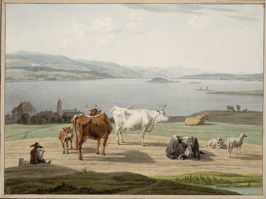 Wilhelm Alexander Wolfgang von Kobell (Mannheim 1766 - 1855 München) | Herde am Ufer des Traunsees | Displayed motifs: Cattle, Animal, Person, Sheep, 