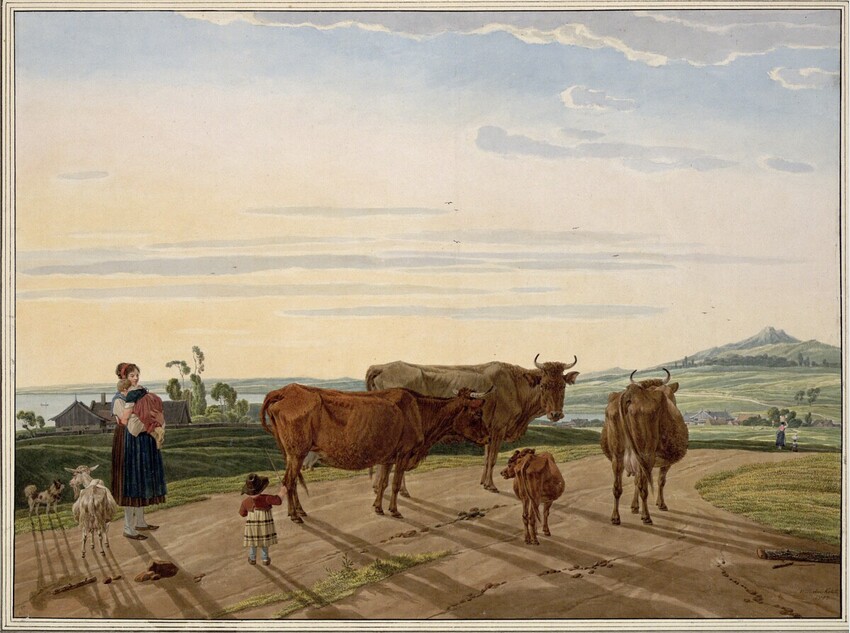 Wilhelm Alexander Wolfgang von Kobell (Mannheim 1766 - 1855 München) | Bäuerin mit zwei Kindern, einer Ziege und vier Rindern auf der Landstraße | Displayed motifs: Cattle, Person, Clothing, Camel, 