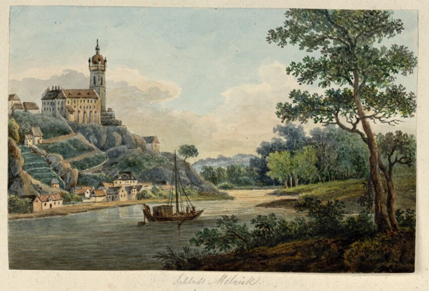 Nikolaus Kofler (Wien 1773 - 1848 Wien) | Schloss Melnik | Displayed motifs: Tree, Boat, Vehicle, Tower, Castle, Building, 